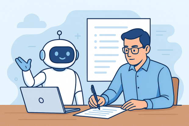 A friendly robot next to a laptop and a writer